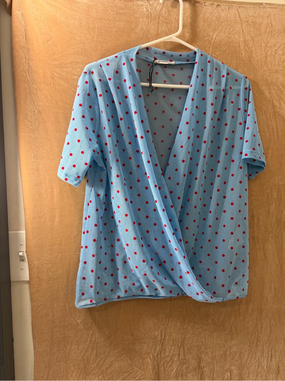 Zara Blue Short Sleeve Wrap Top with Red Polka Dots